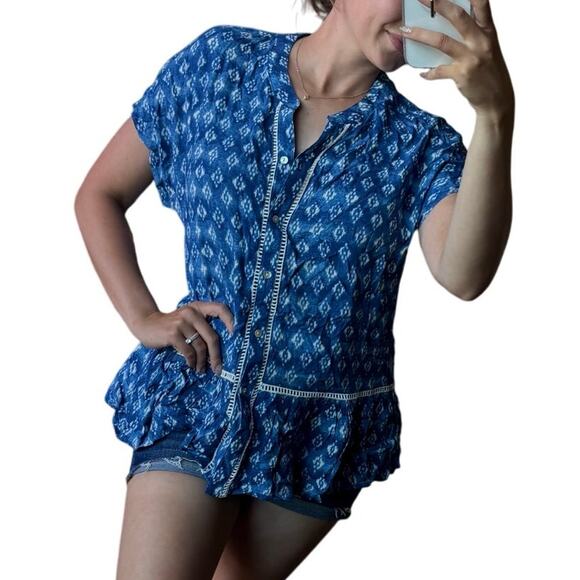 Fever S Blue White Boho Print Crochet Embroidered Short Sleeve Ruffle Blouse - Picture 1 of 6